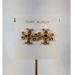 Tory Burch Roxanne Amber Jeweled Logo Earrings Gold Tone - NEW